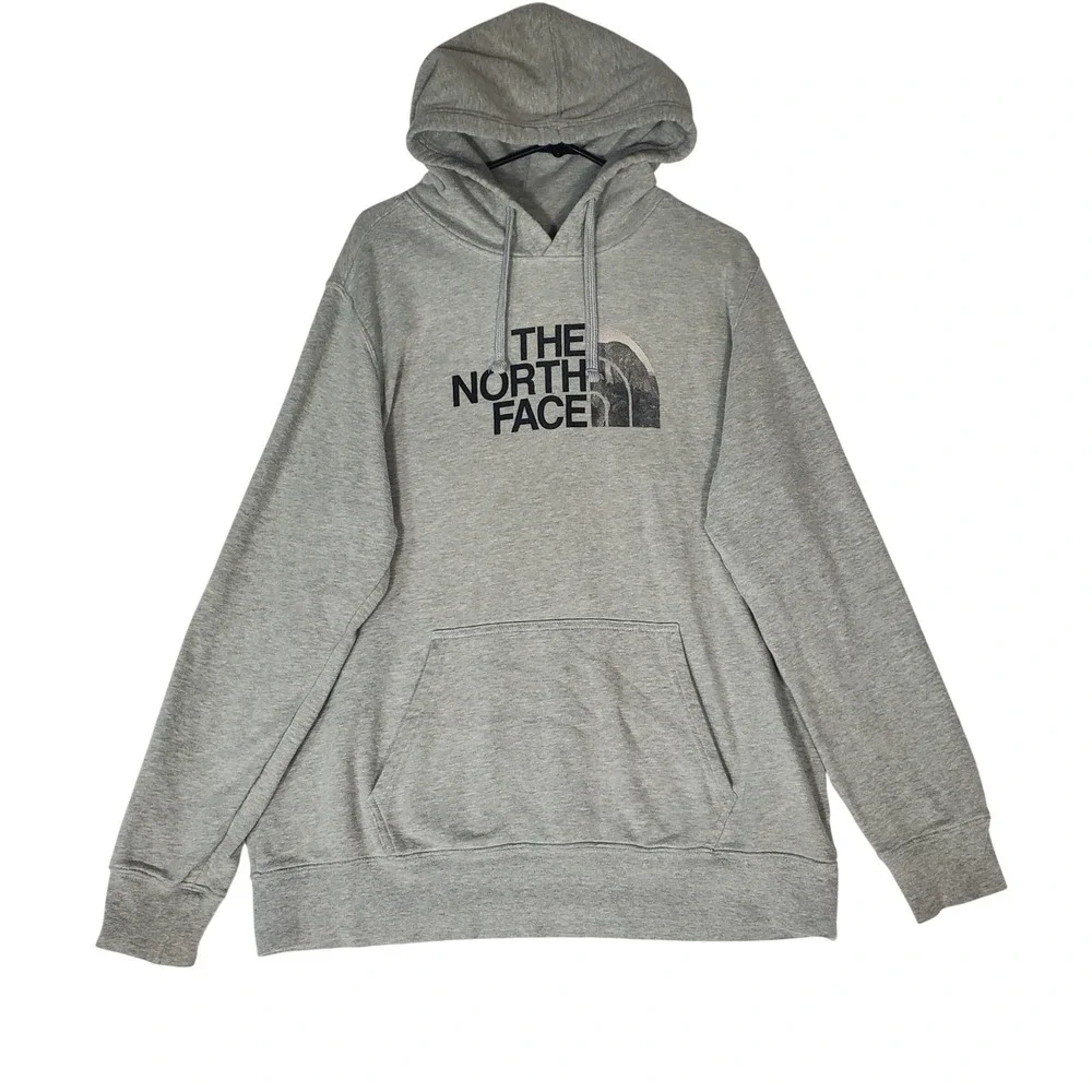 The North Face Mens Heather Grey Distressed Logo Pullover Hoodie Sweatshirt XL